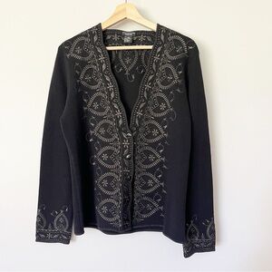 Doncaster Collection Sweater Size Medium Black Brown Embroidered Merino Wool